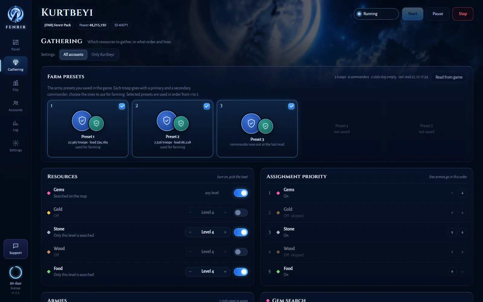 Farm presets, resource levels and gathering priority